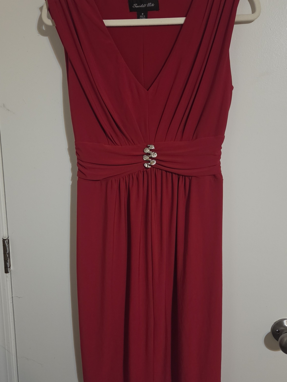 Scarlett Nite Red V-Neck Sleeveless Evening Gown with Rhinestone Waist